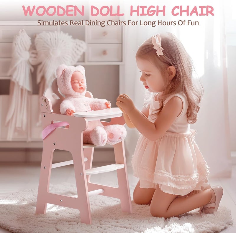 Robotime High Chair for Pretend Play, Wooden Baby Doll Furniture with Safety Belt and Footrest, Fits 18 Inch Dolls, Gift for Ages 3+, White/Pink - Image 5